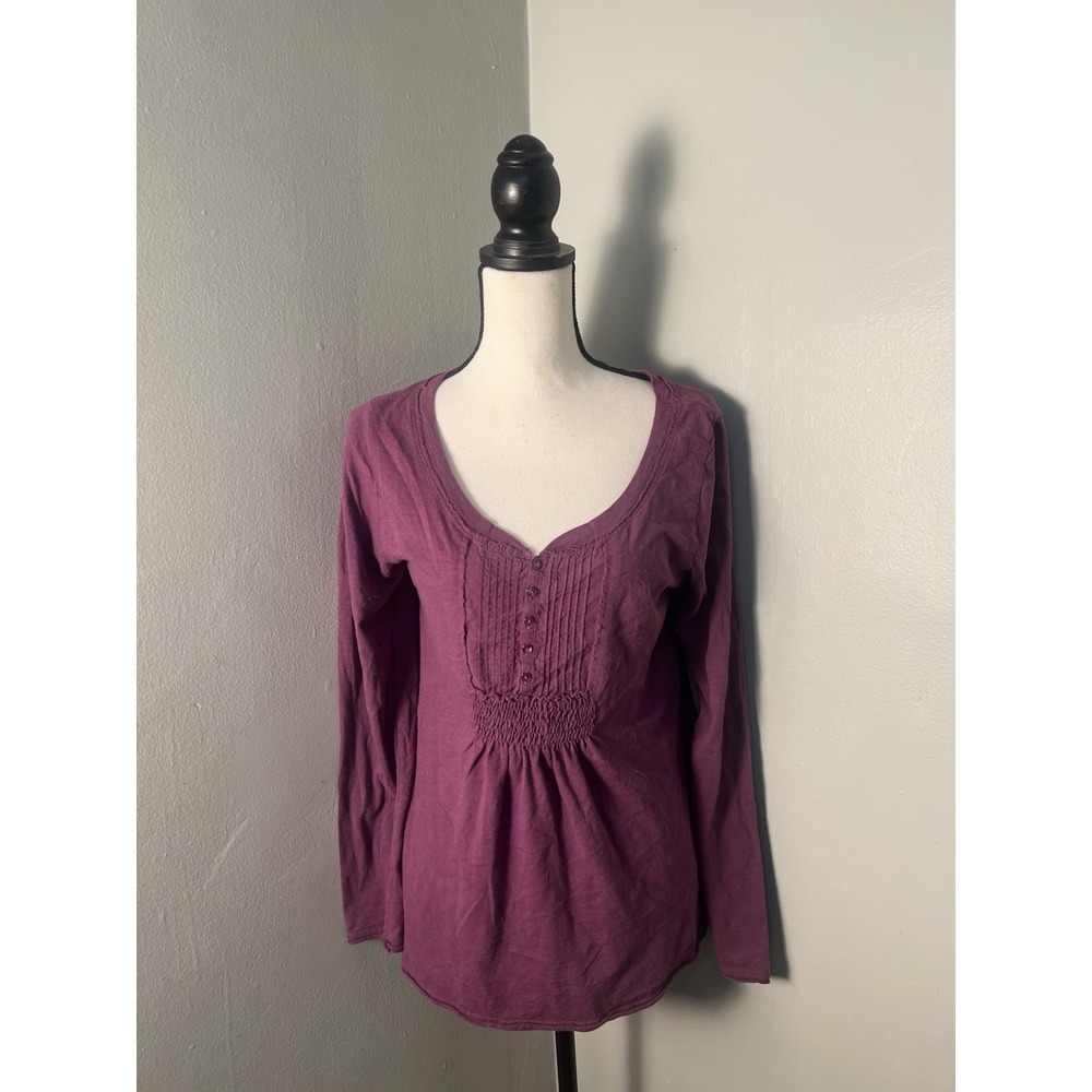 One World Purple Boho Peasant Top Womens Large Pintuck Smocked Henley